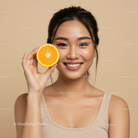 Smiling Woman Holding Orange Half with Bright Skin and Cheerful Expression