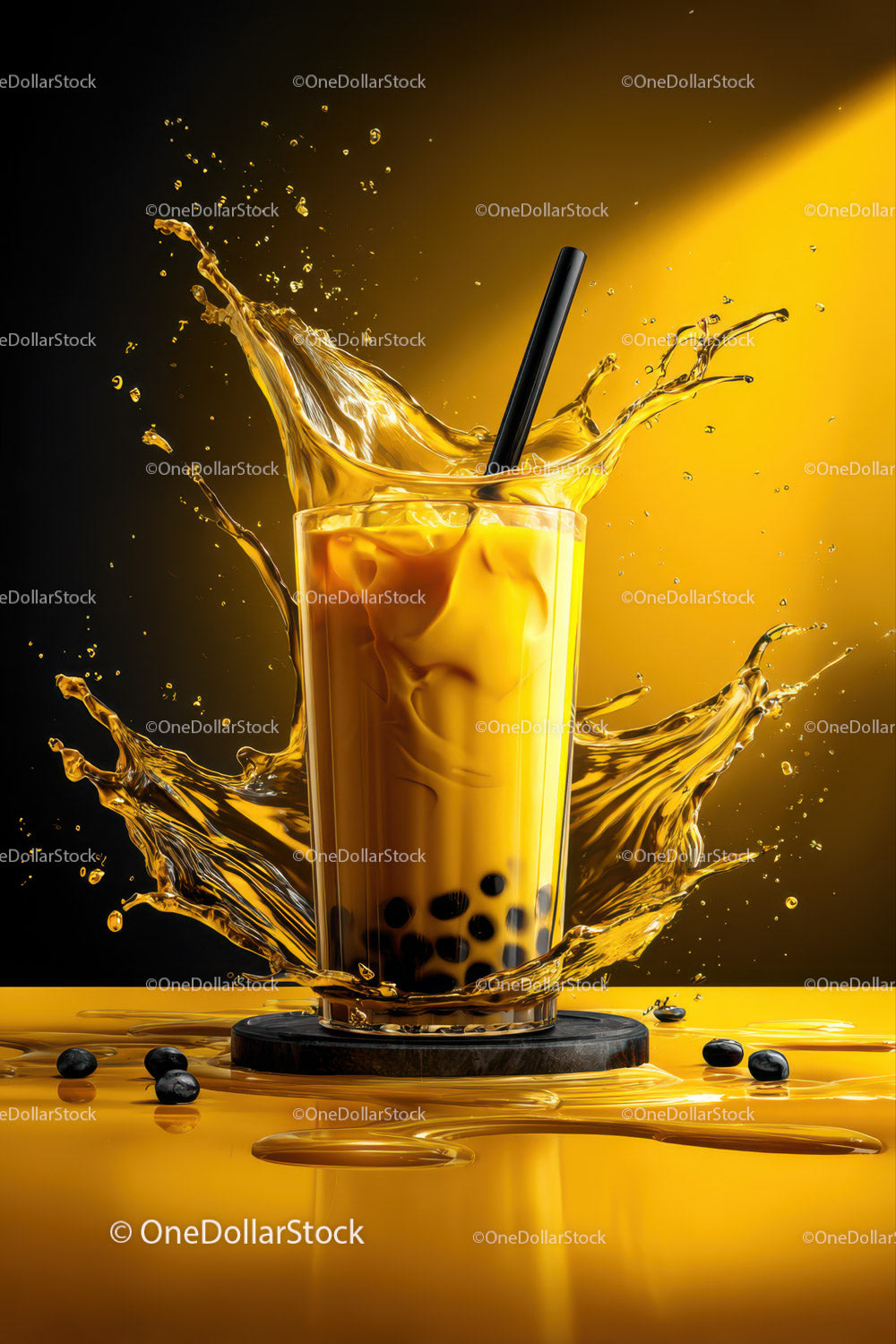 Vibrant Bubble Tea with Splash and Black Tapioca Pearls