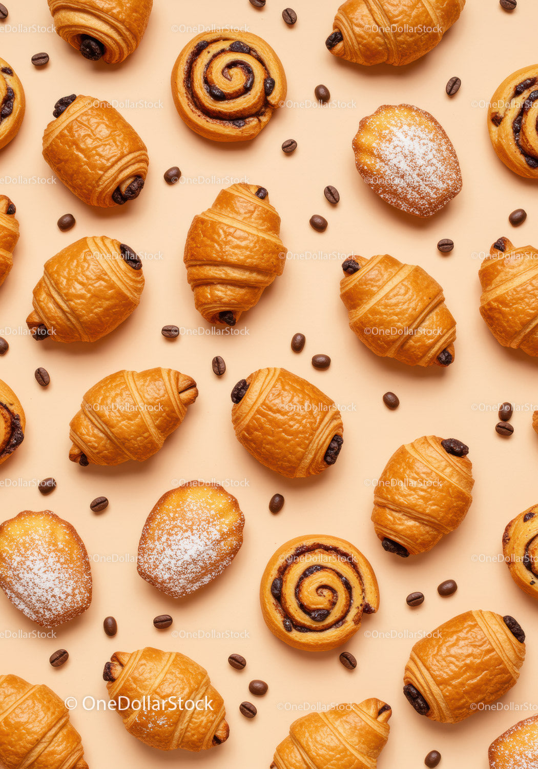 Assorted Fresh Pastries with Coffee Beans on Beige