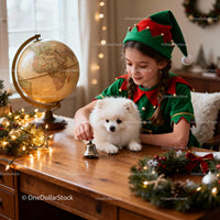 Girl in Elf Costume Playing with Puppy and Christmas Bell