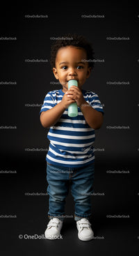 Child boy holding toy microphone in casual outfit