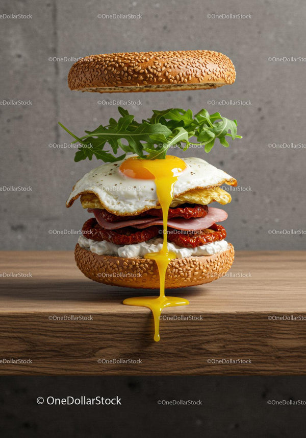 Open sesame bagel with egg and fresh arugula layers