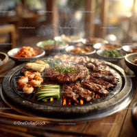 Korean Barbecue Platter with Grilled Meat and Side Dishes