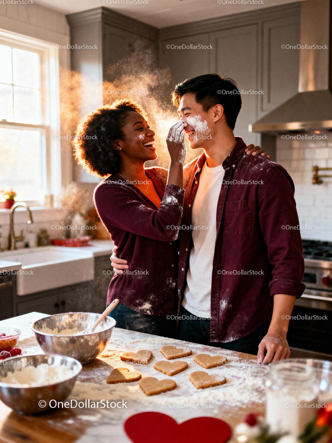 Couple Playfully Baking Heart Shaped Cookies Together