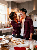 Couple Playfully Baking Heart Shaped Cookies Together