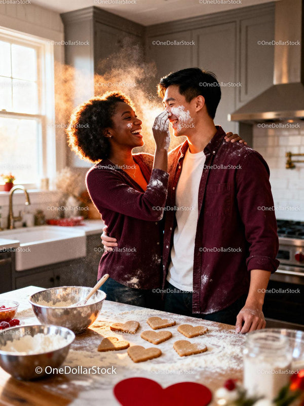 Couple Playfully Baking Heart Shaped Cookies Together