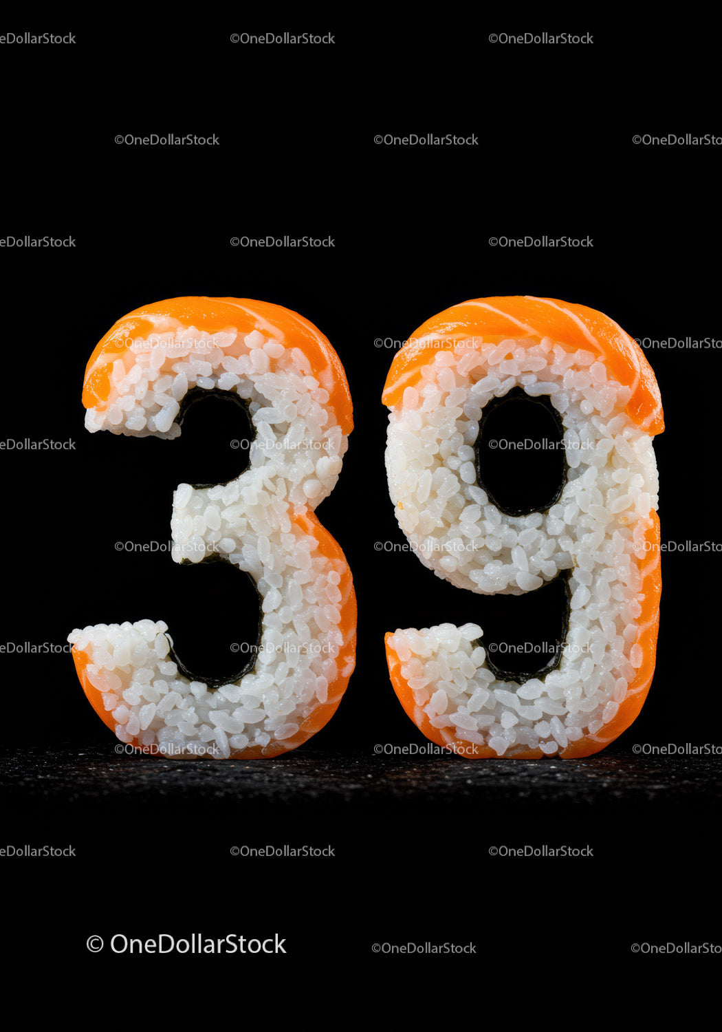 Numer 39 Wykonany z rolek sushi na czarnym tle