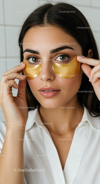 Young Woman Applying Gold Eye Masks for Skin Rejuvenation