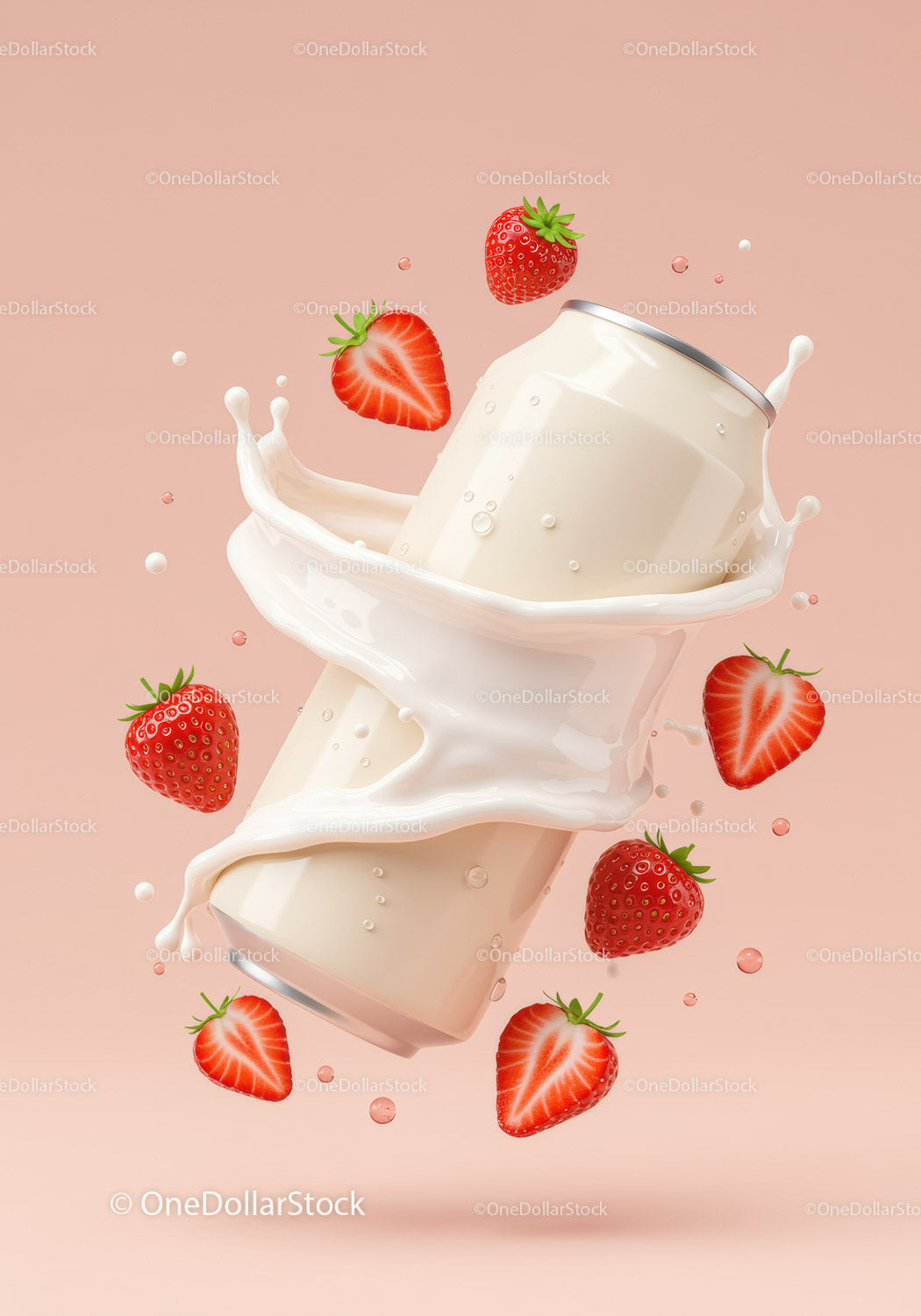 Refreshing strawberry drink can with splashing milk
