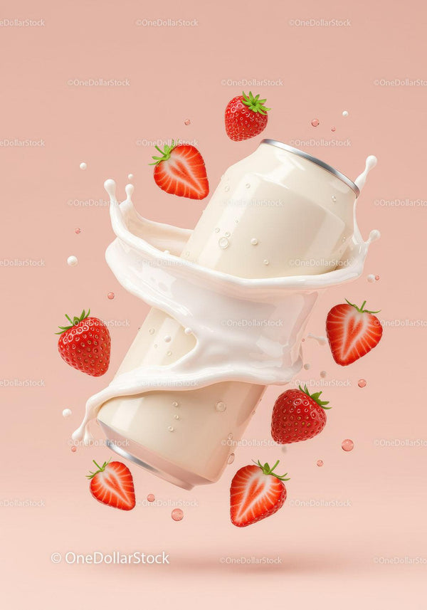 Refreshing strawberry drink can with splashing milk JPG Mockup Image