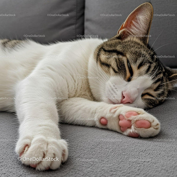 Domestic cat peacefully sleeping on gray sofa