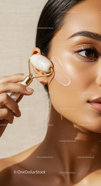Close-up of Woman Using Facial Rollers for Skin Rejuvenation and Relaxation