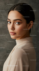 Elegant Young Woman Portrait with Brown Eyes and Beige Blouse
