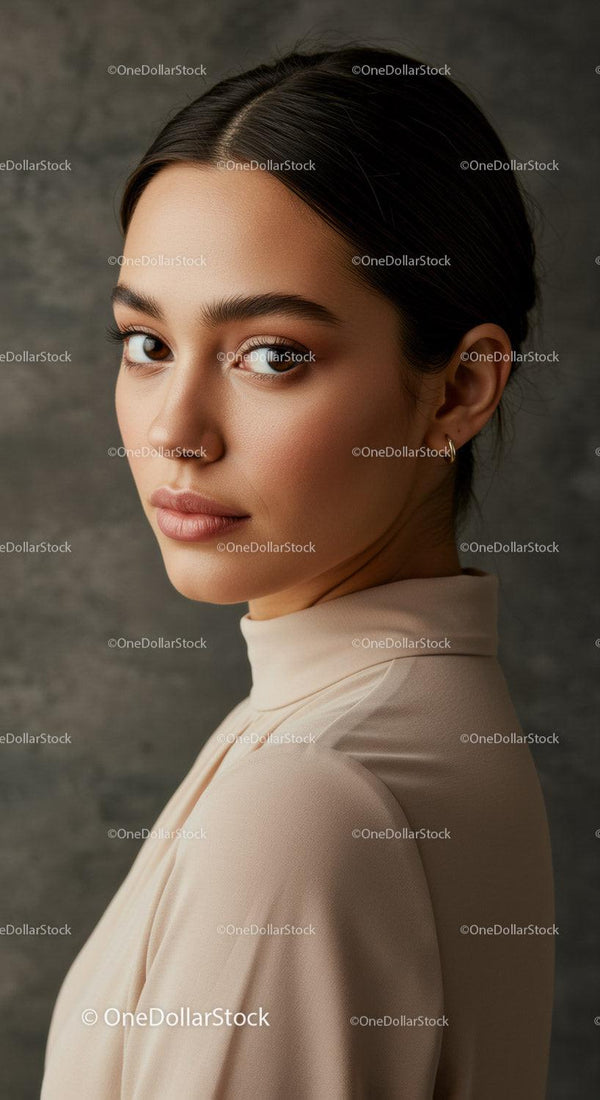 Elegancki Portret Młodej Kobiety z Brązowymi Oczami i Beżową Bluzką