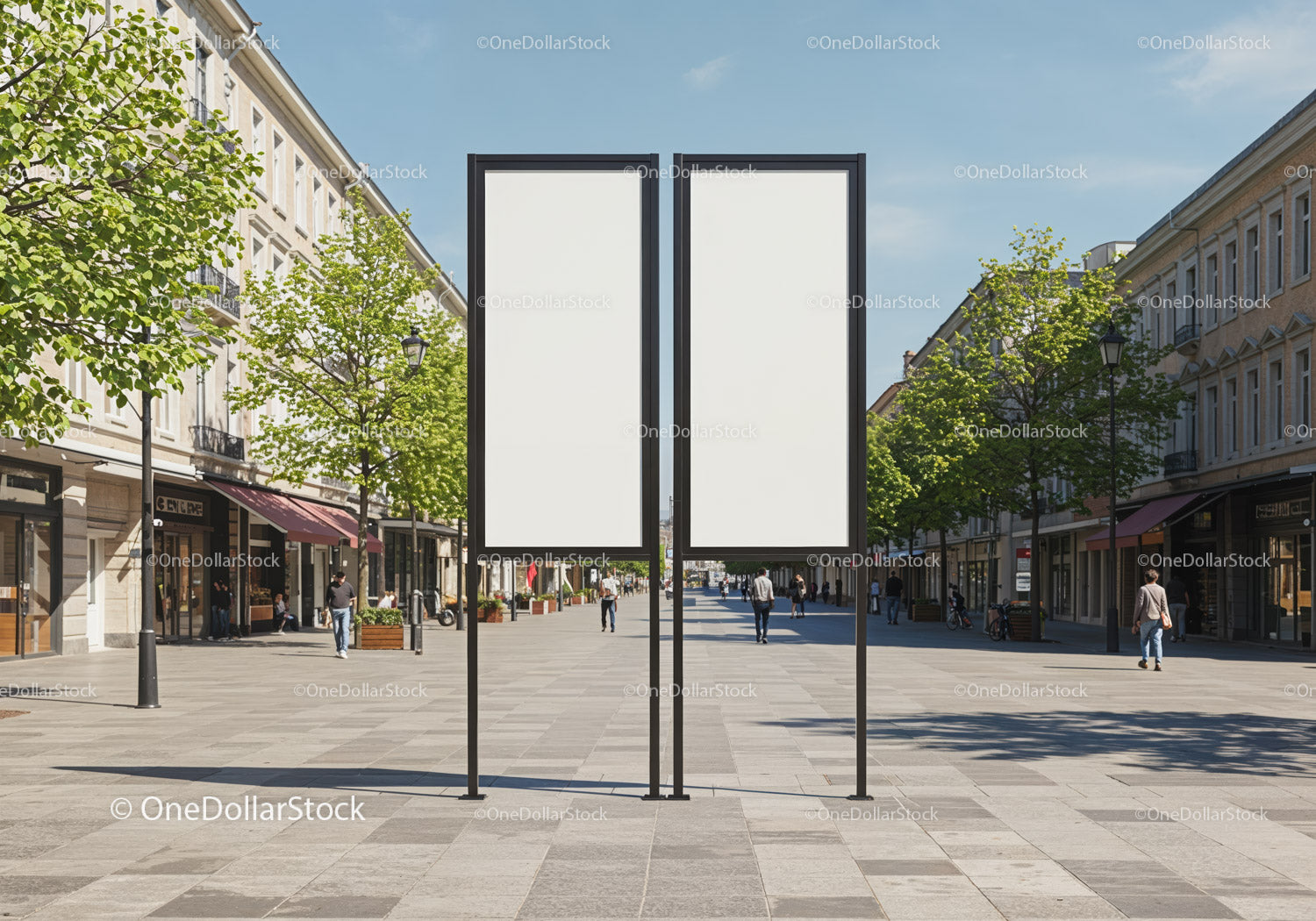 Empty dual billboard in vibrant urban pedestrian street