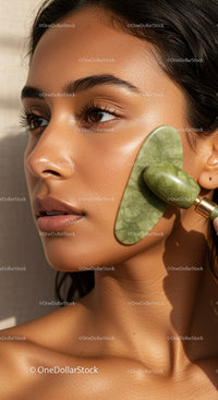 Close Up of Woman Using Jade Face Roller for Skin Rejuvenation