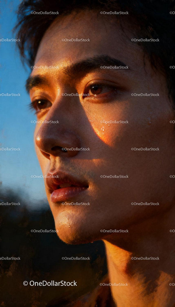 Young man with glistening skin in warm sunlight