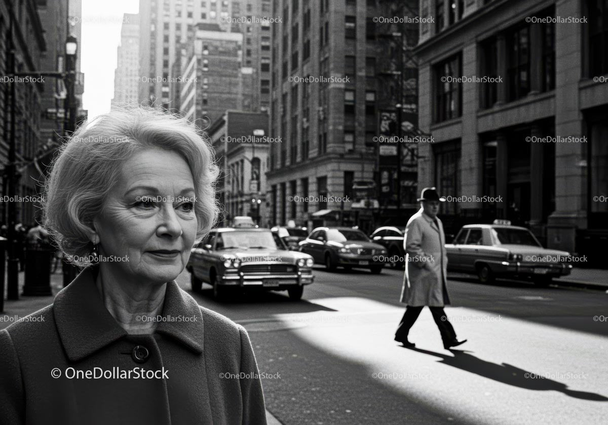 Elderly Woman Crossing Street in Urban Cityscape