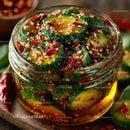 Vibrant Spicy Cucumber Kimchi in Glass Jar with Fresh Vegetables