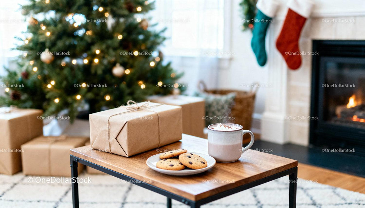 Cozy Christmas scene with gifts and hot cocoa by fireplace