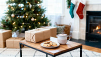 Cozy Christmas scene with gifts and hot cocoa by fireplace