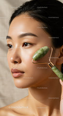 Close Up of Woman Using Jade Roller for Facial Skin Rejuvenation