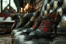 Chic Black Heels and a Red Lace Dress in a Cozy Bedroom Setting