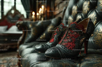 Chic Black Heels and a Red Lace Dress in a Cozy Bedroom Setting