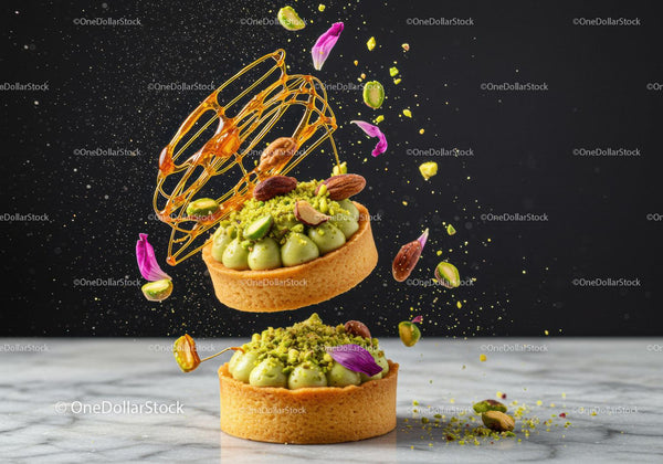 Pistachio tartlets with nuts and caramel decoration