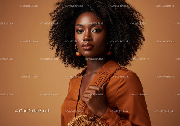 Elegant African American Woman with Curly Hair in Stylish Orange Blouse