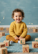 Happy toddler playing with wooden alphabet blocks indoors