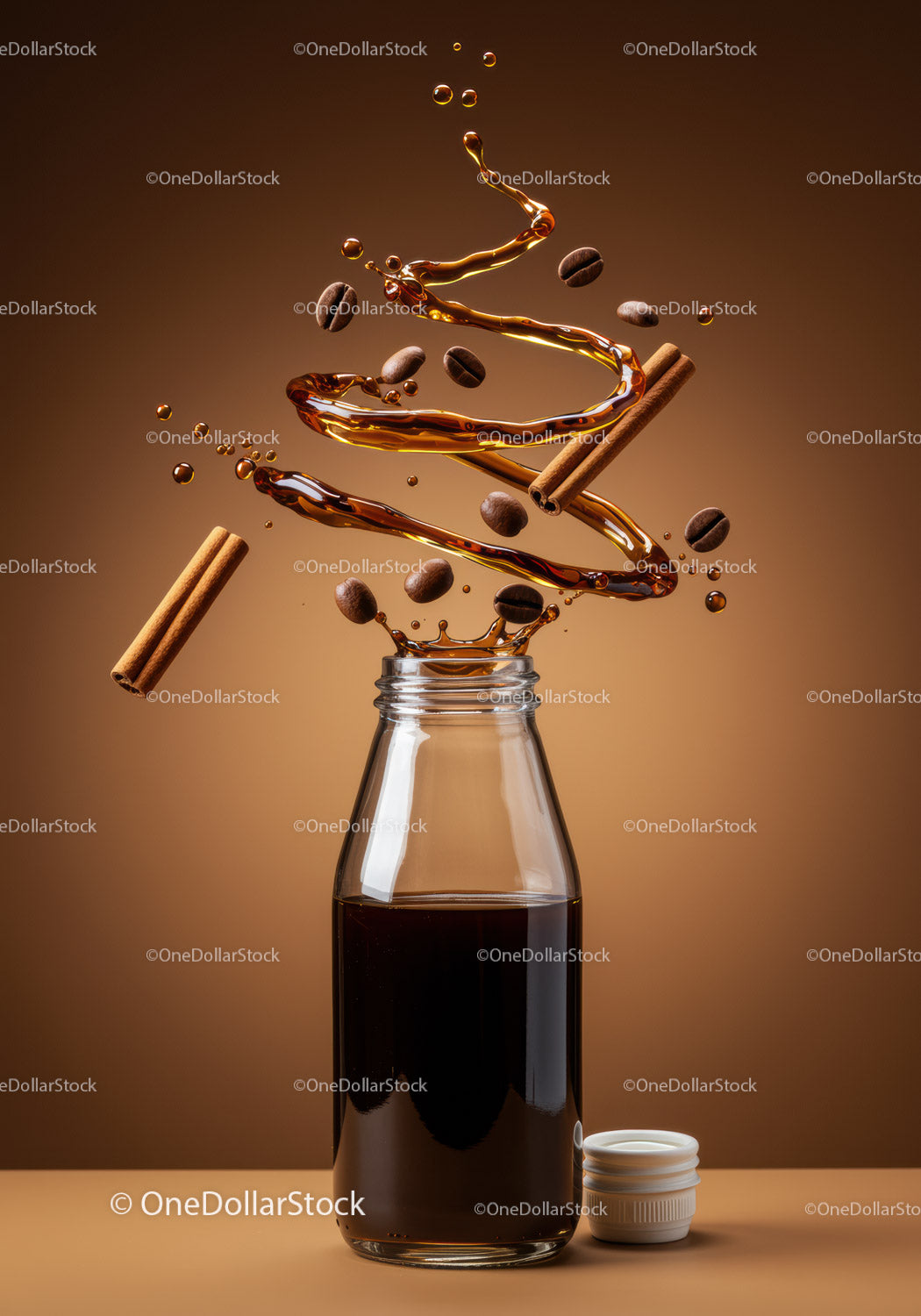 Spiral splash of coffee with cinnamon sticks and beans
