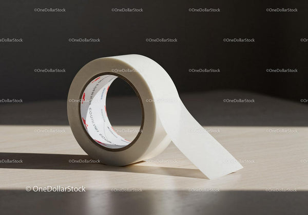 Roll of White Adhesive Tape on Wooden Surface JPG Mockup Image