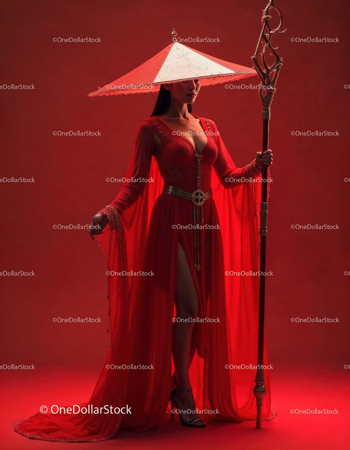 Elegant Woman in Red Dress with Accessories Against Red Background
