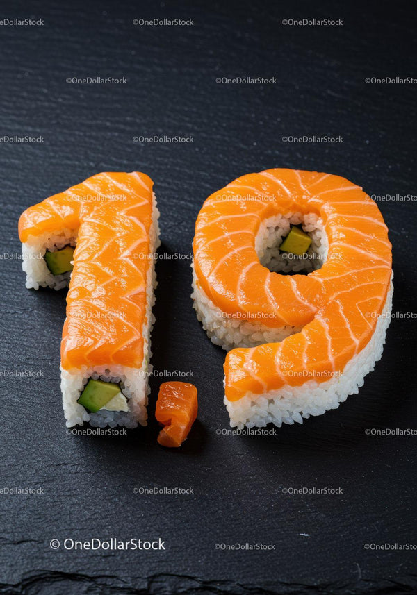 Sushi Roll Shaped as Number Nineteen on Black Slate