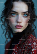 Elegant Young Woman with Blue Eyes in Red Sequin Dress