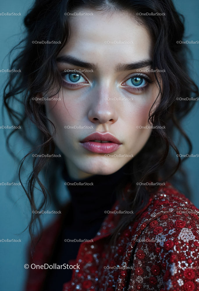 Elegant Young Woman with Blue Eyes in Red Sequin Dress
