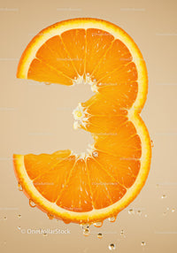 Juicy orange slice shaped like number three with droplets