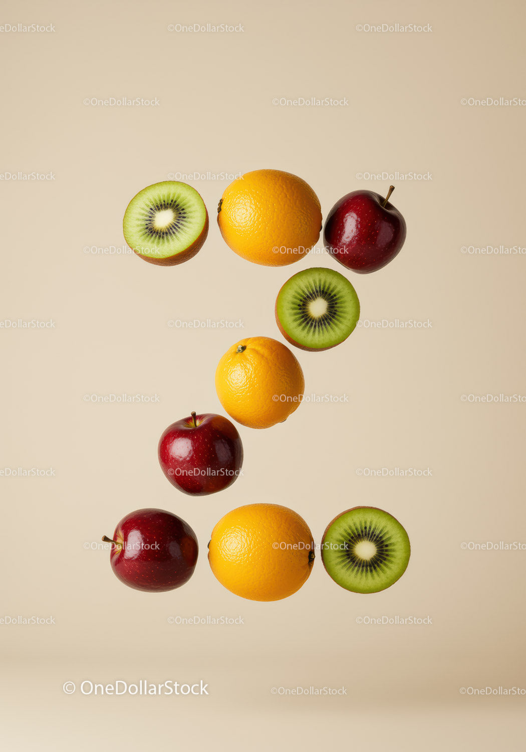 Fresh fruits forming number seven on beige background