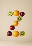 Fresh fruits forming number seven on beige background