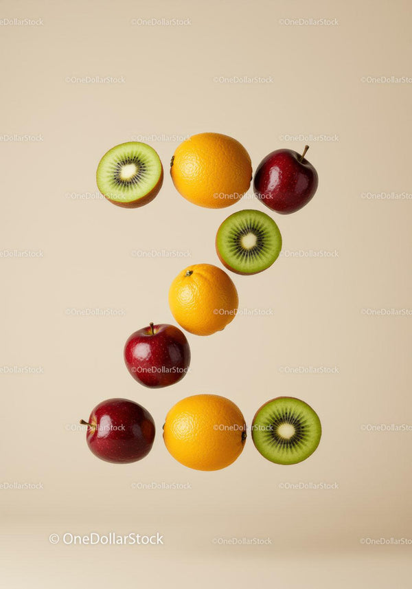 Fresh fruits forming number seven on beige background