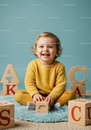 Smiling toddler playing with wooden alphabet blocks