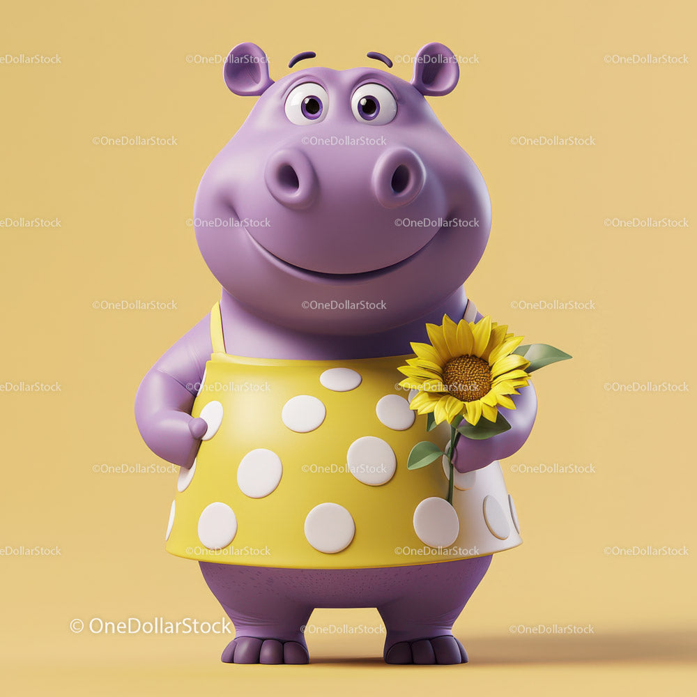 Cute Cartoon Hippo Holding Sunflower in Yellow Dress for Kids Illustration