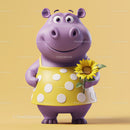 Cute Cartoon Hippo Holding Sunflower in Yellow Dress for Kids Illustration