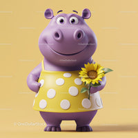 Cute Cartoon Hippo Holding Sunflower in Yellow Dress for Kids Illustration