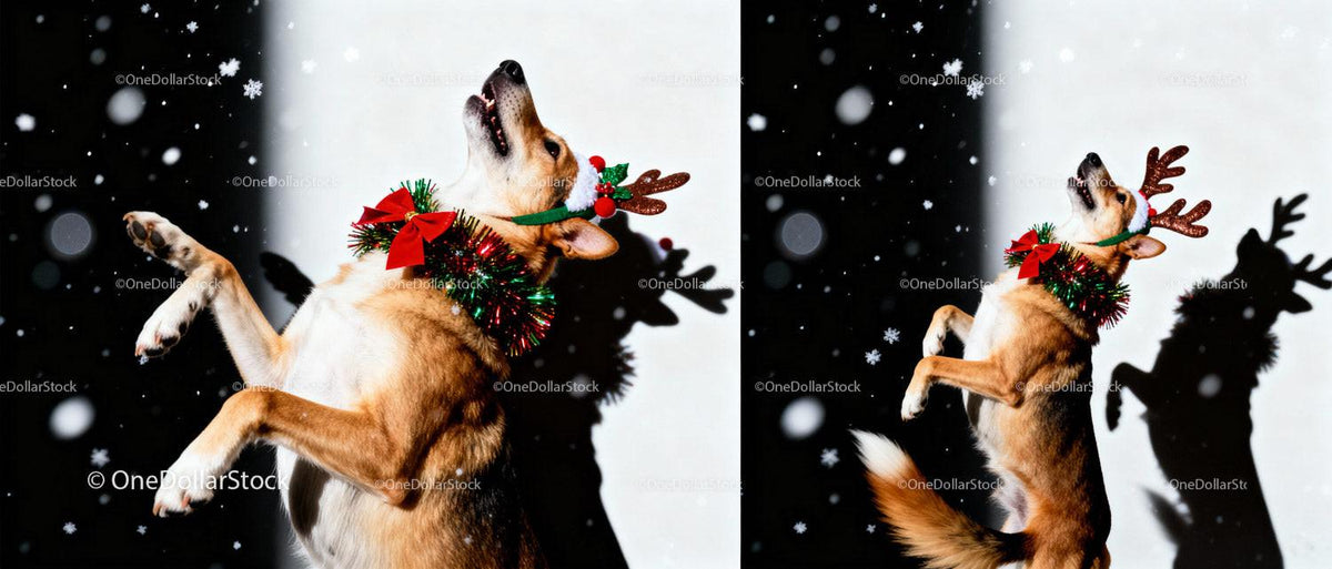 Festive dog wearing reindeer antlers and holiday garland