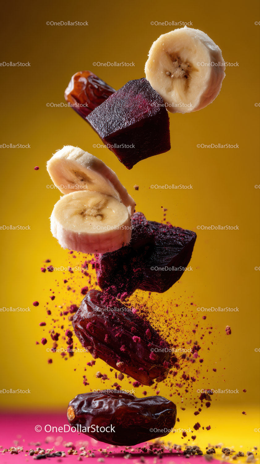 Vibrant Flying Fruit and Beetroot Pieces for Healthy Food Concept