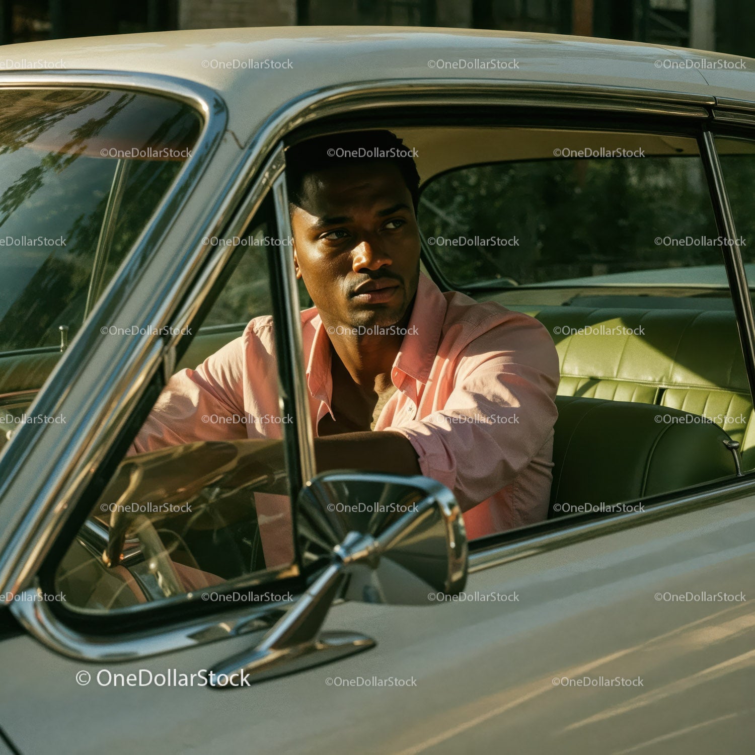 Young Man Driving Vintage Car in Scenic Countryside Scene