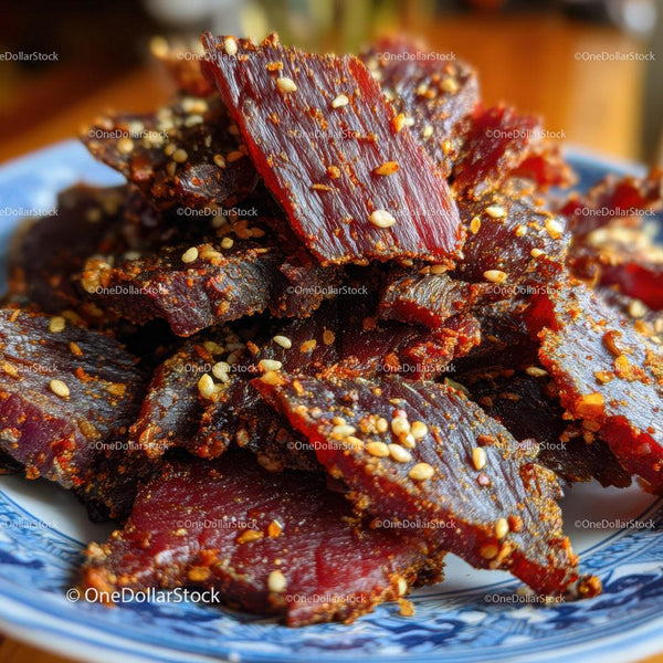 Sweet and Spicy Beef Jerky Slices with Sesame Seeds