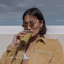 Young Woman Drinking Juice Wearing Sunglasses Outdoors Casual Fashion